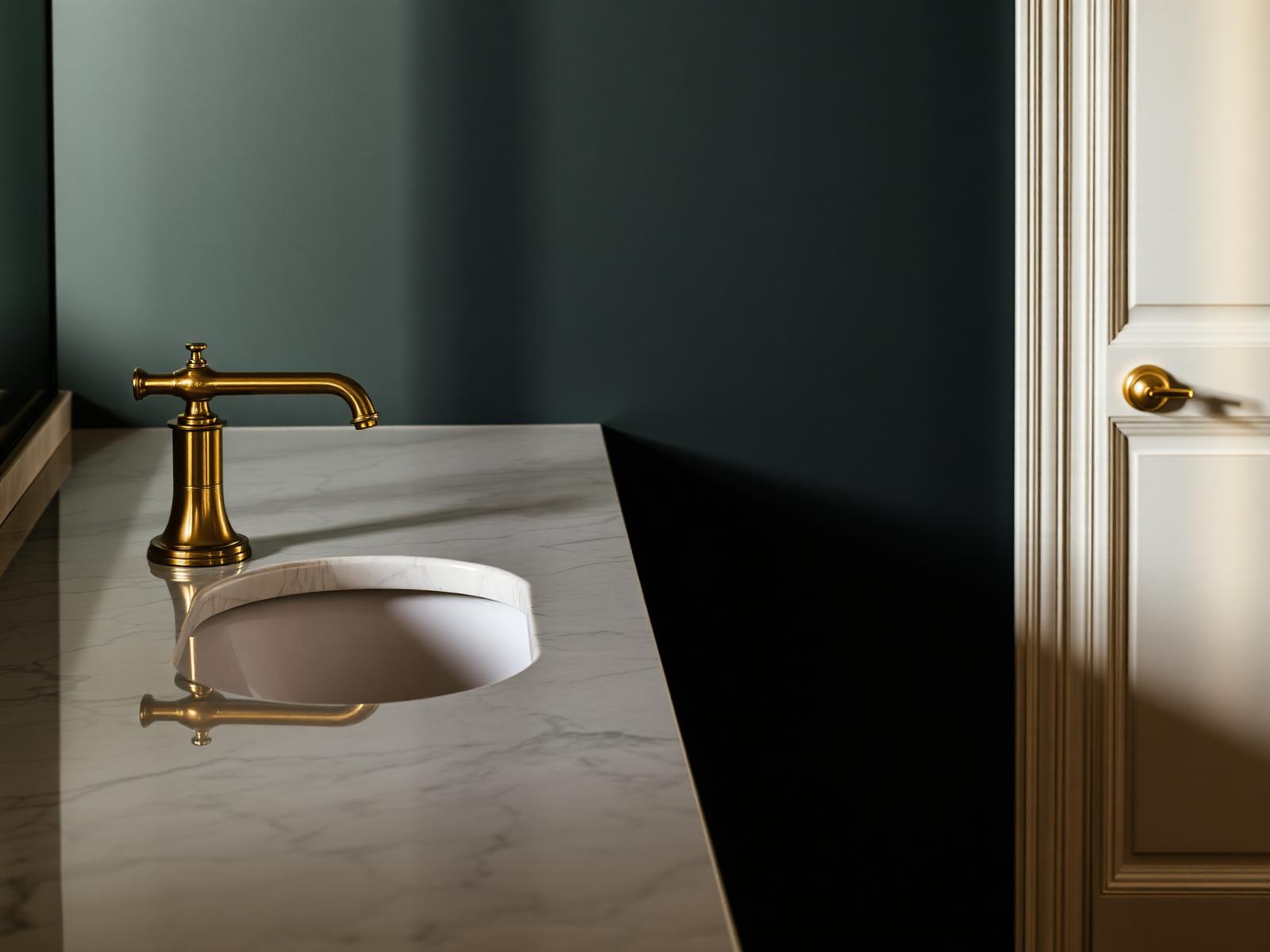 Polished marble vanity with brass faucet