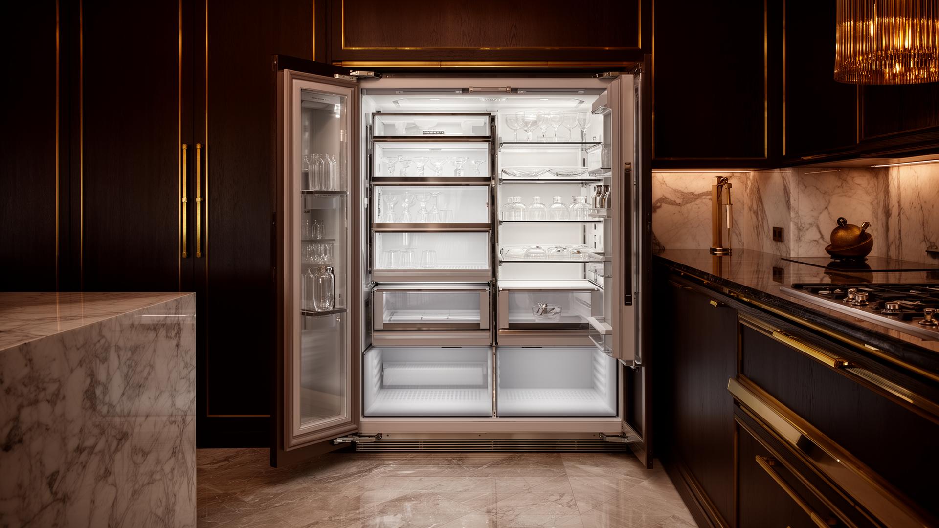Pulled-out luxury refrigerator revealing immaculate floor and wall